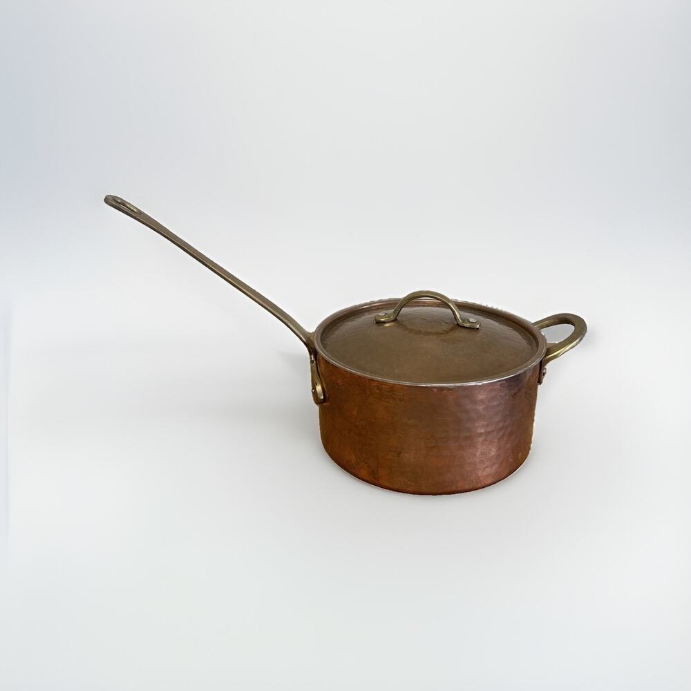 DEMMEX Hammered Copper Saucepan w Lid Tin Lined Brass Handles 6.75” Turkey